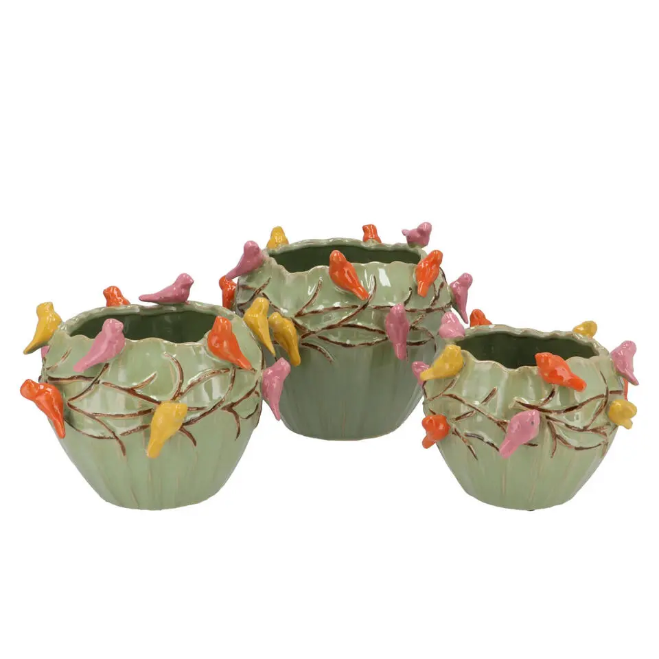 DK Design Bloempot/plantenpot Vogels - pistache - D19 x H15 cm