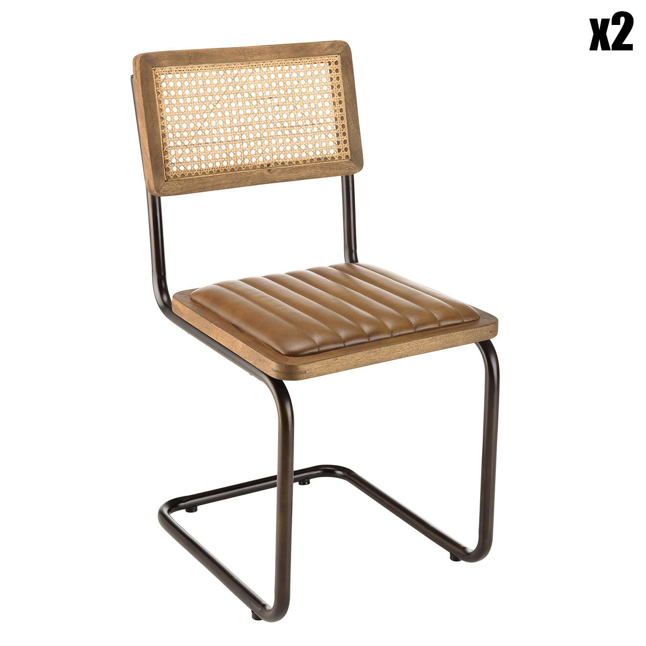 Macabane 2 Chaises en Manguier assise matelassée en Cuir pieds rétro marron - 44x54x89 cm