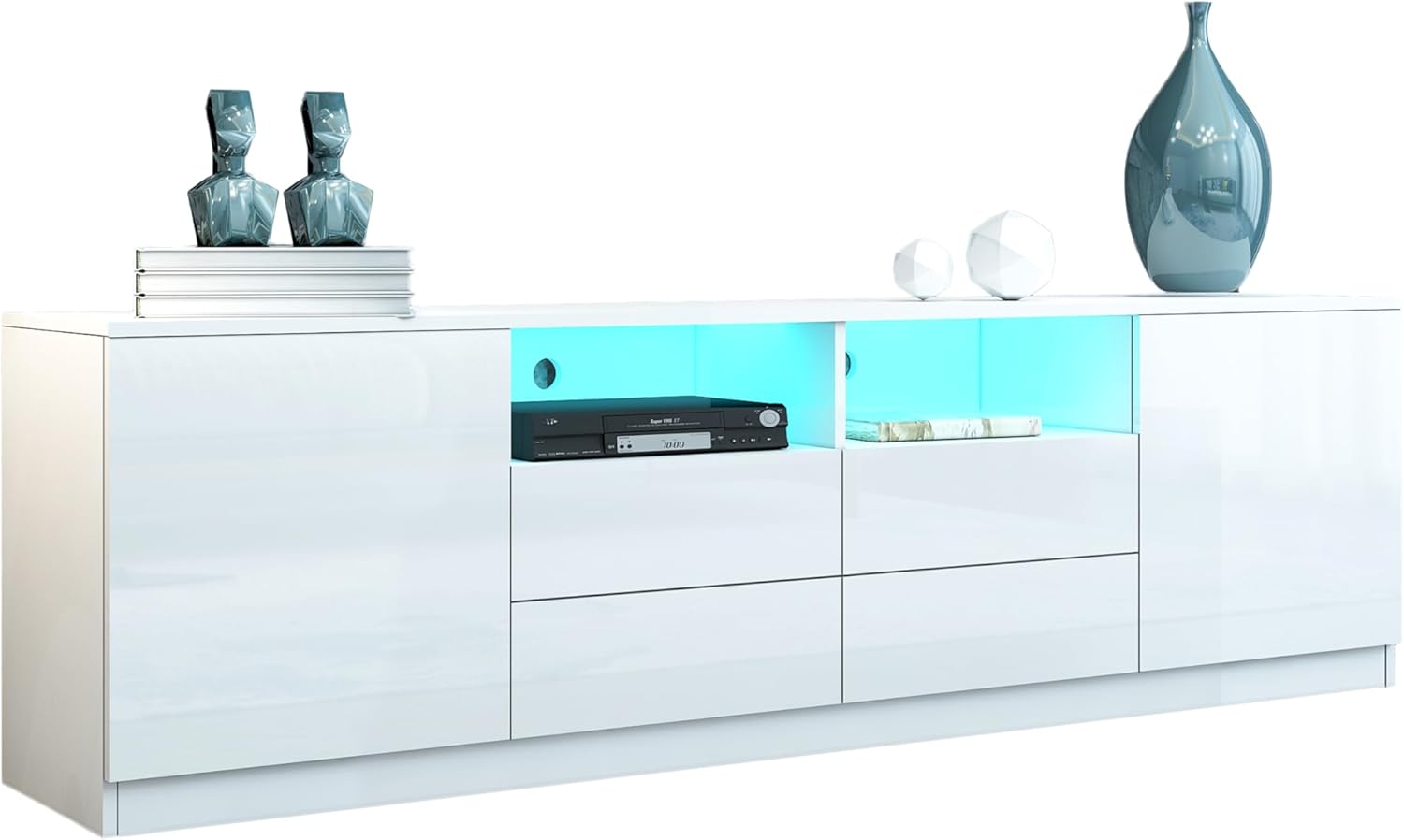 TV Lowboard für Wohnzimmer, Weiß Hochglanz TV Schrank mit 2 Türen 4 Schubladen, Modernes Fernsehschrank für Wohnzimmer Schlafzimmer Möbel 180cm