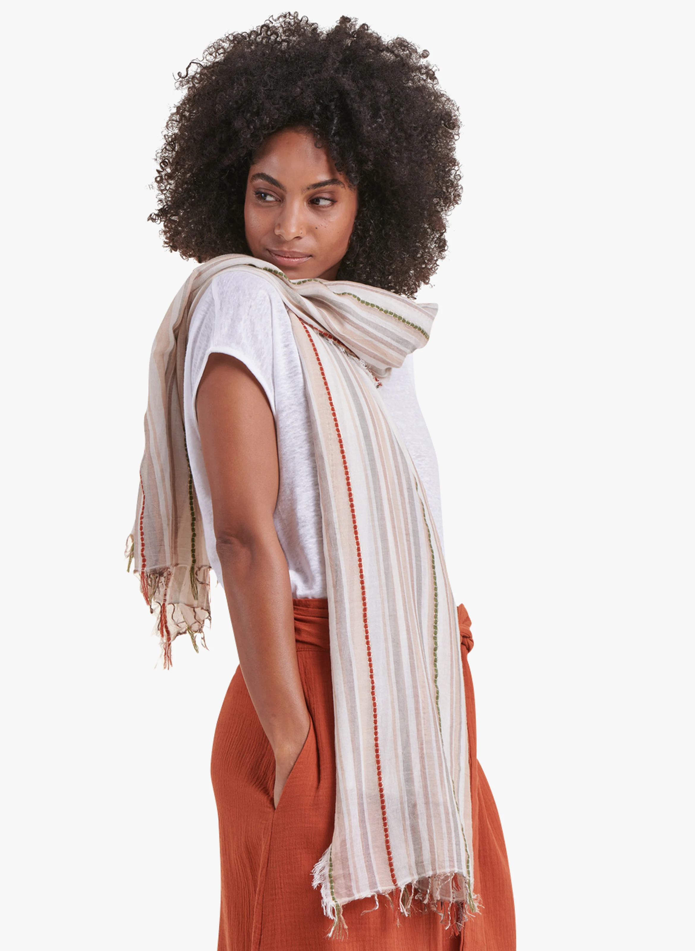 Foulard rayé en coton mélangé| Vert