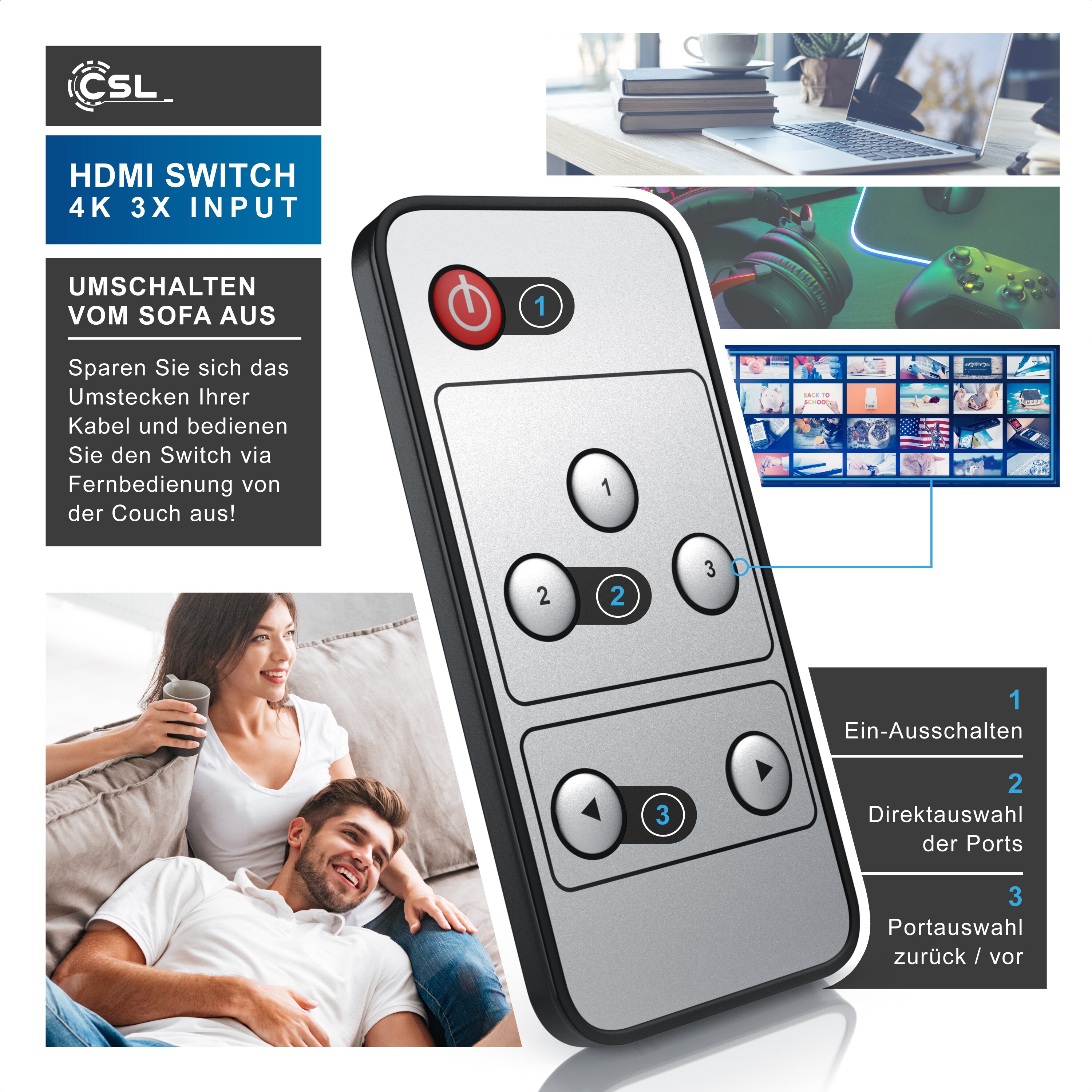 Primewire Audio / Video Matrix-Switch, 3-Port UHD HDMI Switch / Verteiler inkl. Fernbedienung, 4K, 3D, CEC