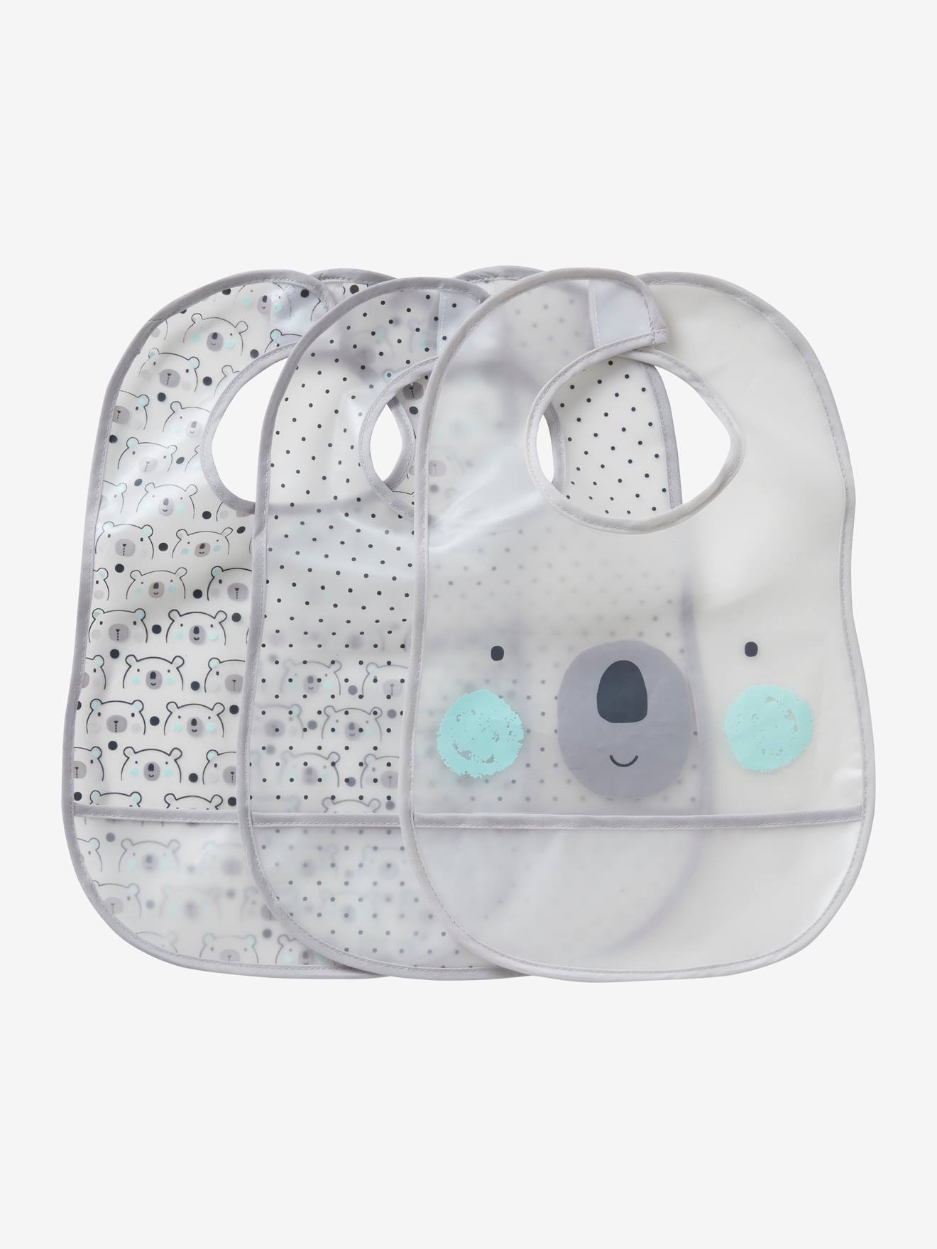 Conjunto de 3 babadores plastificados em material absorvente branco claro e estampas.
