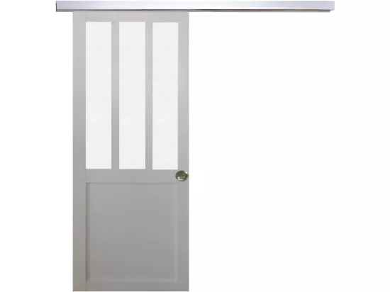 Porte Coulissante Atelier Blanc Vitre Depoli H204 X L73 + Rail Alu Et 2 Coquilles Gd Menuiseries