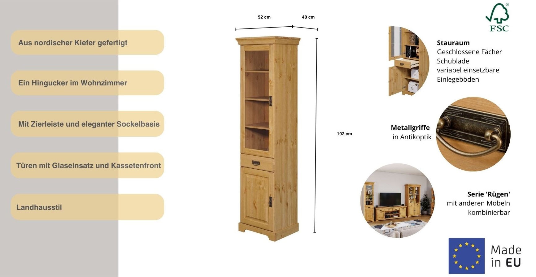 Home affaire Vitrine »Rügen« zertifiziertes Massivholz, Höhe 192 cm, im Landhausstil