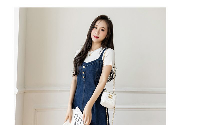 Hanji - Spaghettiband denim overall midi A-lijn jurk