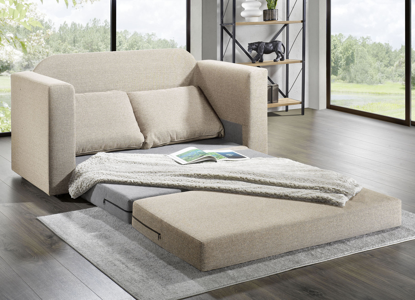 Schlafsofa mit 2 großen, weichen Rückenkissen