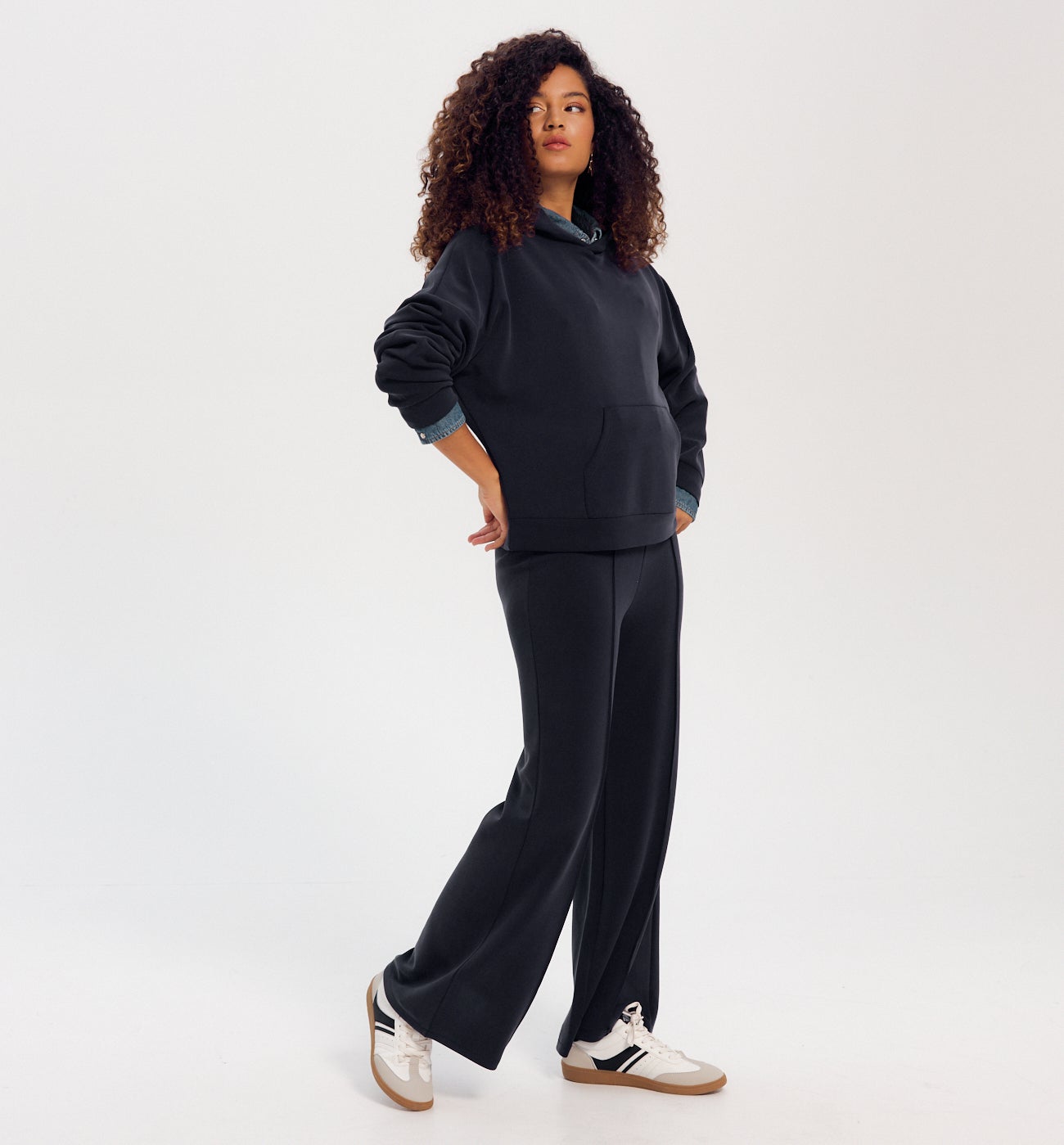 Pantalon large taille haute - MARINE MOYEN