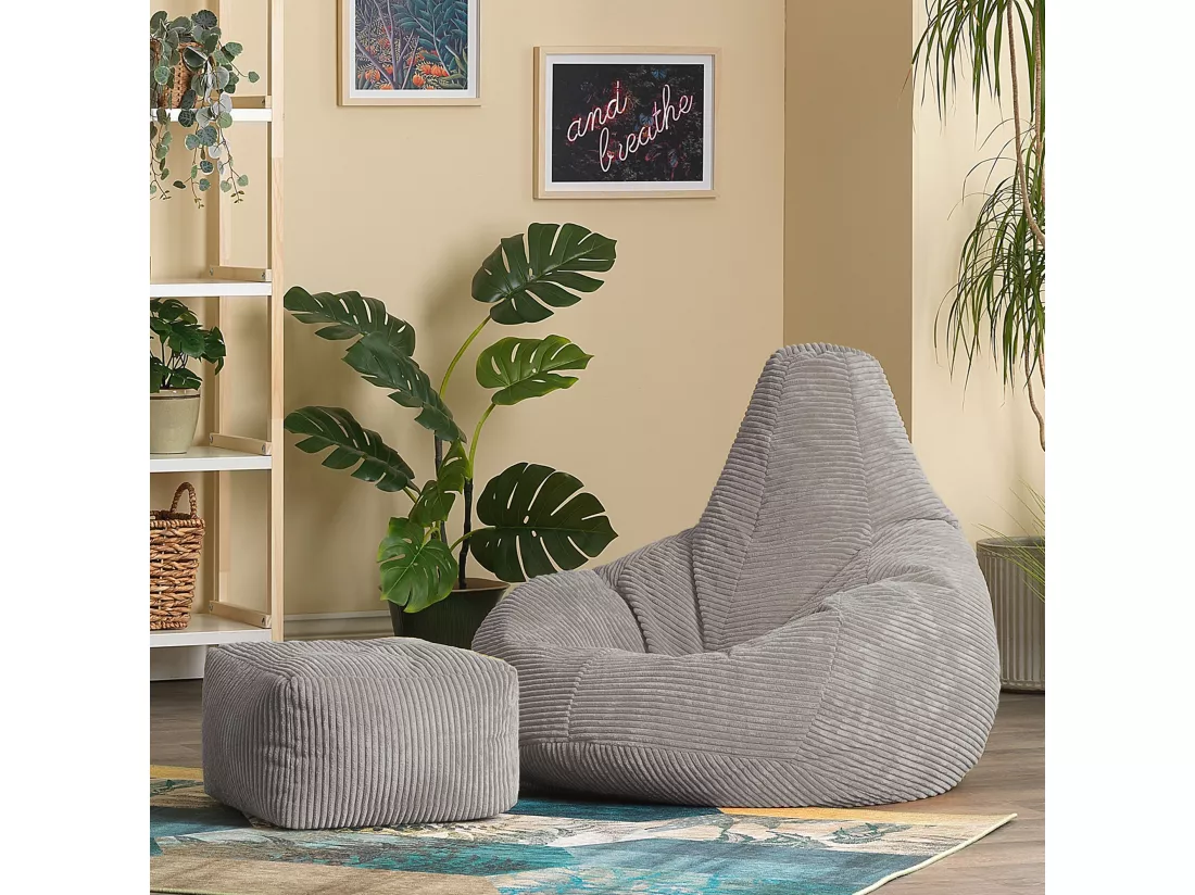 Pouf inclinable et son repose-pied velours côtelé, gris - DALTON