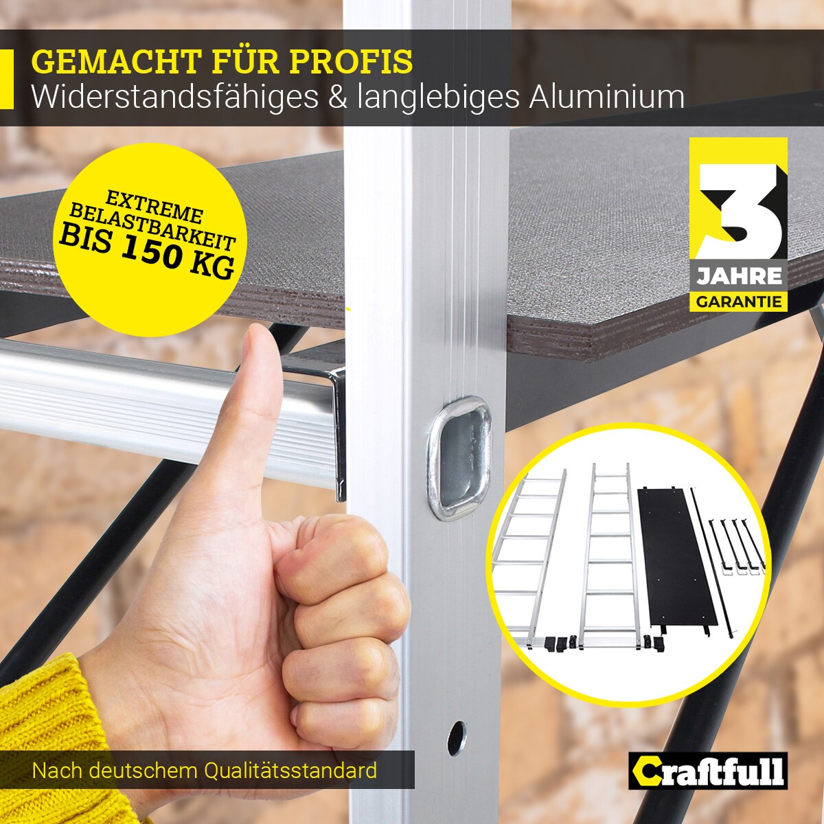 Craftfull Leitergerüst CF-103A, 4in1, Mehrzweckleiter aus Aluminium, Anti-Rutsch-Profil, bis 150 kg (1.95 Meter 7 Sprossen)
