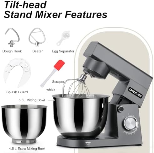 Robot Patissier CHeflee,1500 W Robot Patissier,avec Bol en Acier Inoxydable de 4,5 et 5,5 L,10 P Vitesse,avec Crochet Mélangeur,Crochet Pétrisseur,Fouet et Protection Anti Eclaboussures (Noir） : Cuisine et Maison