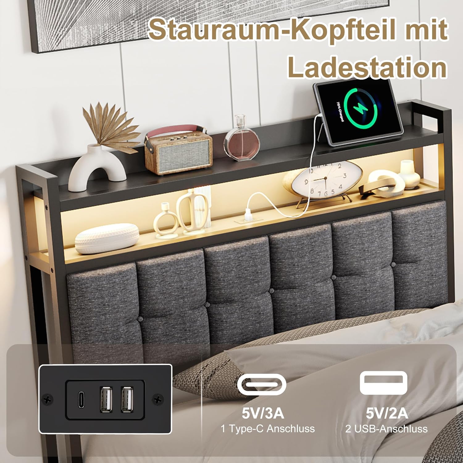 Bettgestell 90x200,boxspringbett mit LED,Einzelbett mit Stauraum,hydraulisch stauraumbett gepolstertes Bett,Funktionsbett Jugendbett mit USB,Polsterbett für 1 Person (Grau+Leinen)