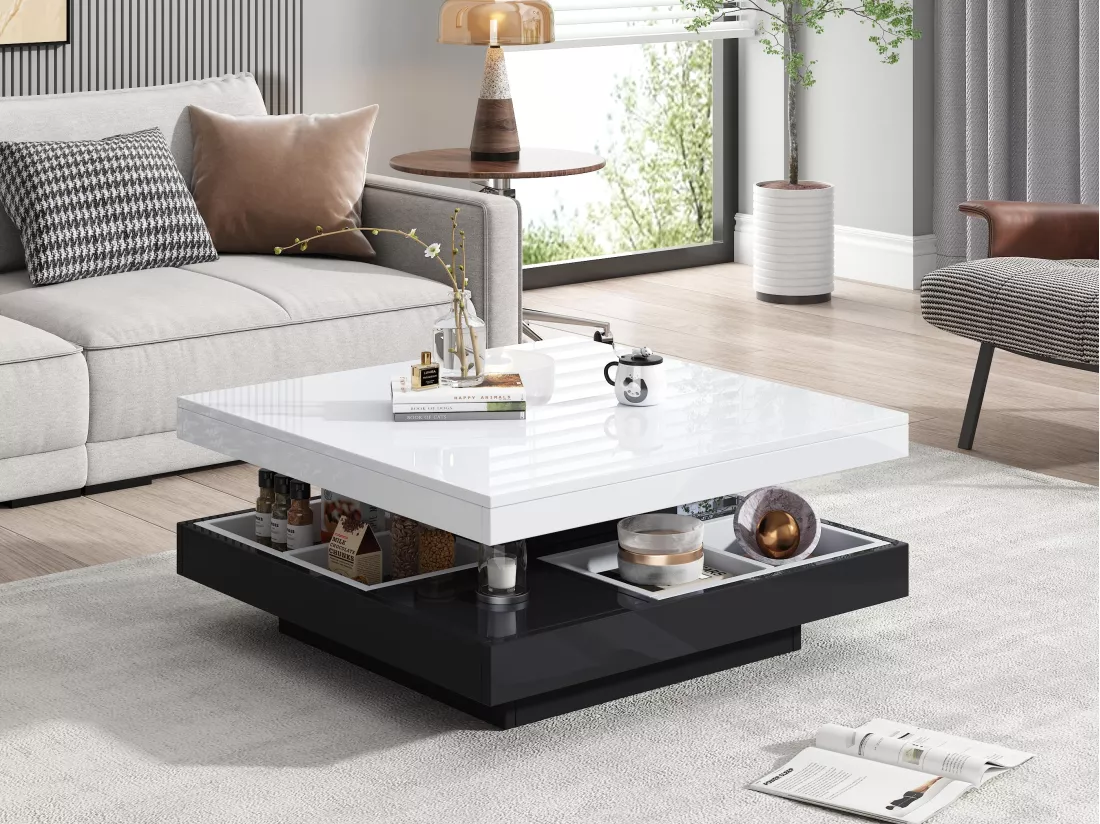 Table basse avec rangements 70x70x36 cm - plateau brillant orientable à 360° - Blanc & Noir