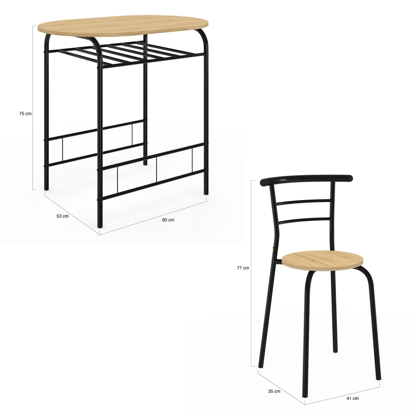 Ensemble table LYNETH  2 personnes + 2 chaises bois et métal noir