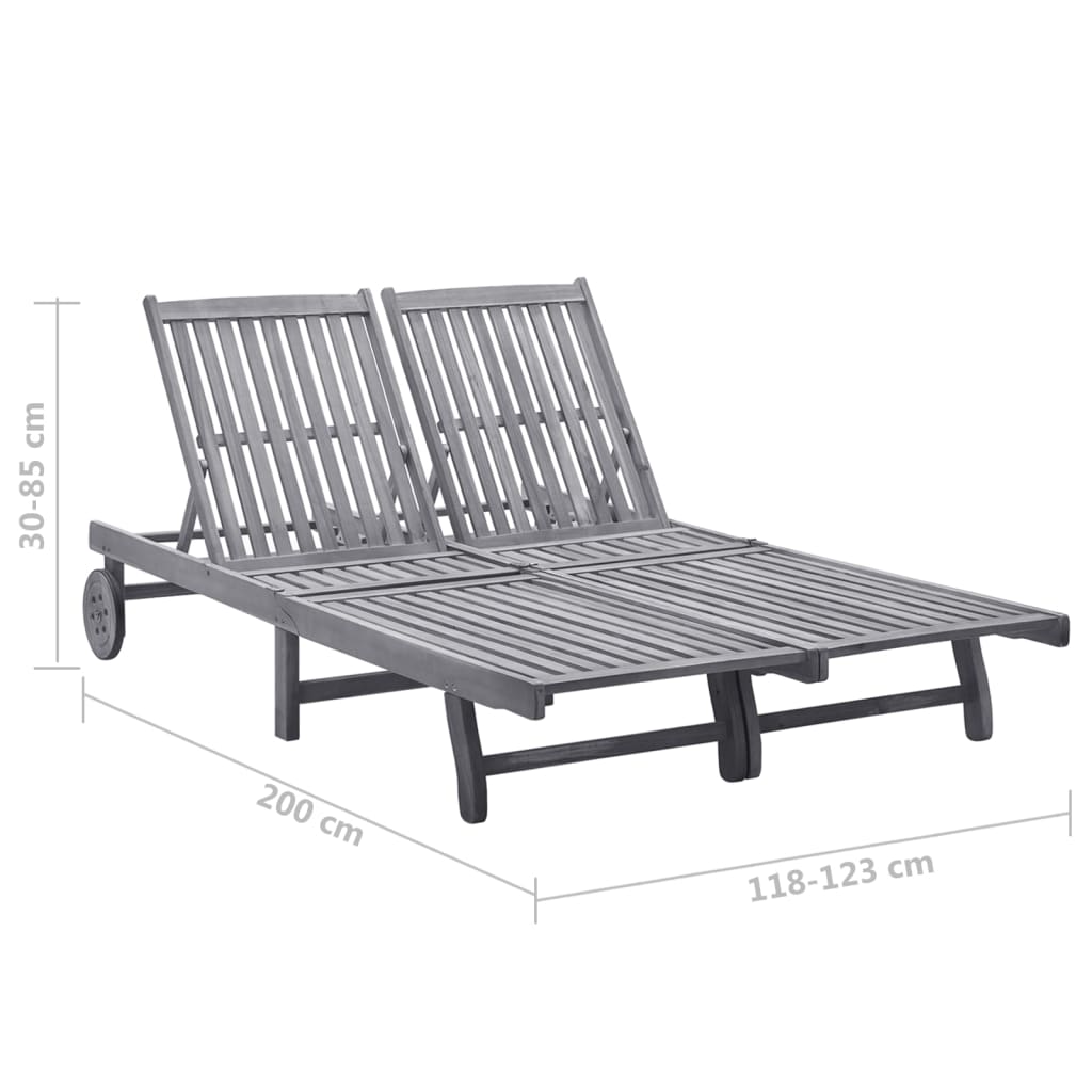 Transat chaise longue bain de soleil lit de jardin terrasse meuble d'extérieur 2 places avec coussin gris acacia