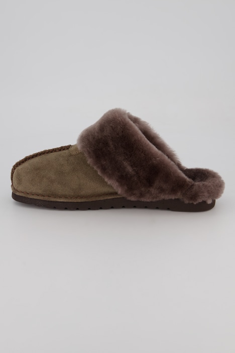 Leder-Hausschuhe, Veloursleder, Fellbesatz, Komfortweite