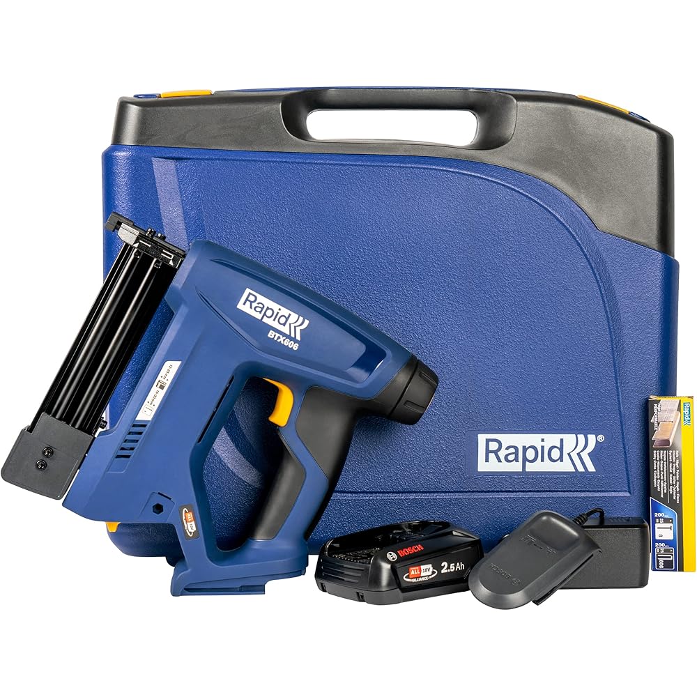 Rapid BTX606 - Agrafeuse Murale P4A 18V, Agrafeuse-Cloueuse électrique Sans Fil à Batterie, pour Agrafes à Couronne étroite & Pointes, Bois Dur & Tendre + Batterie 2,5 Ah, Chargeur, Malette : Bricolage