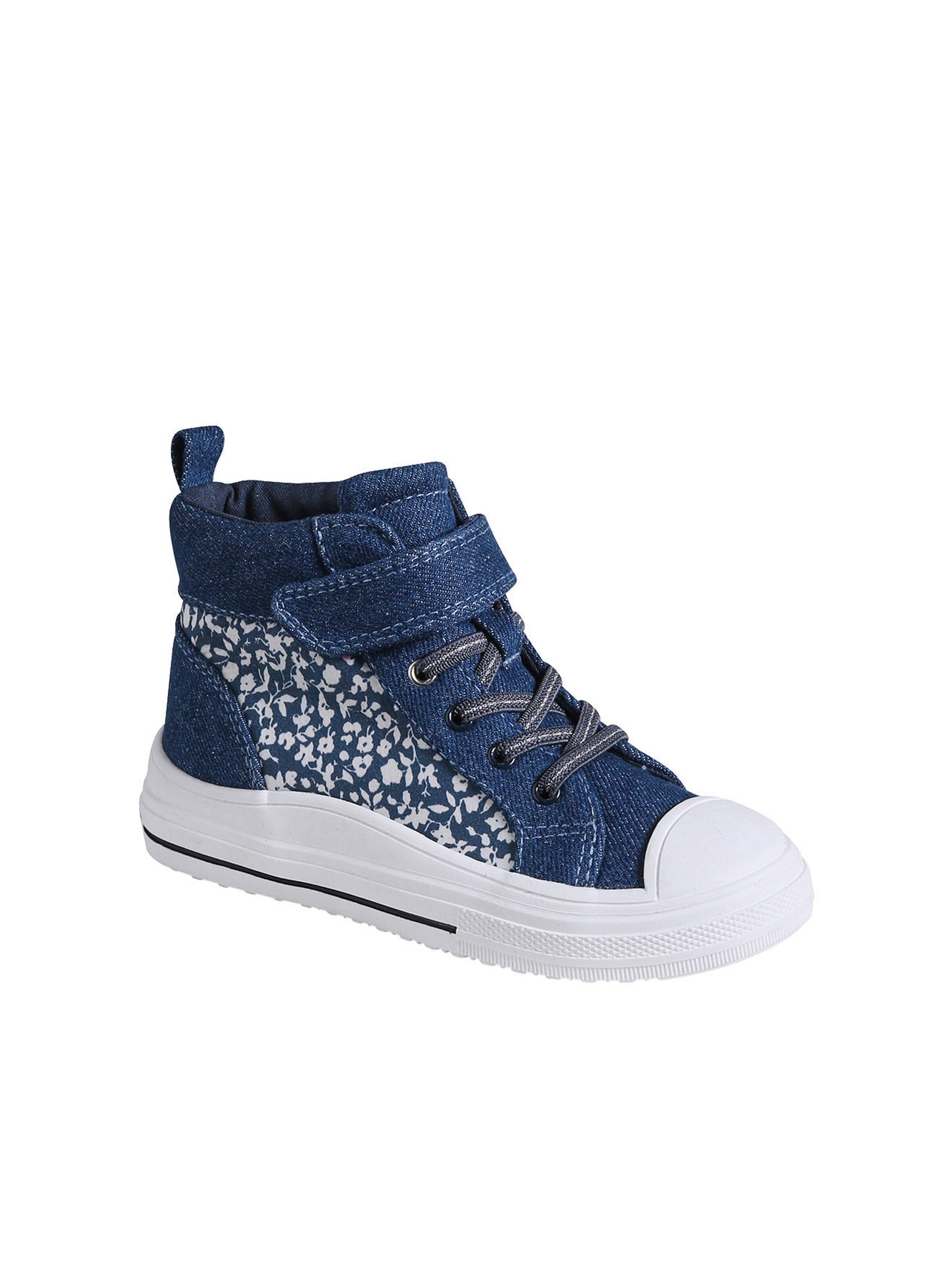 Vertbaudet Warme Mädchen High-Sneakers in Jeans-Optik, Klettverschluss jeansblau geblümt
