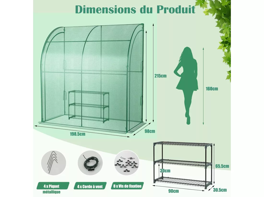 Serre de Jardin en PE avec Étagère à Plantes 3 Niveaux, Construction en Acier Imperméable 198,5x98x215cm, Vert
