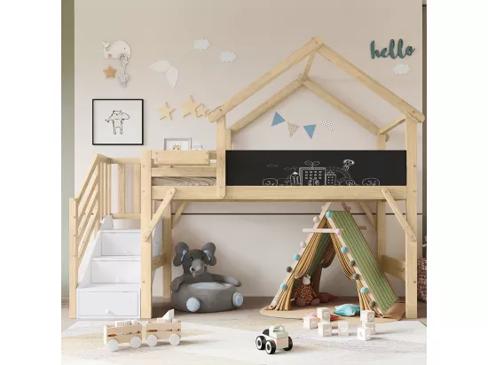 Lit superposé pour enfants 90x200cm, avec rails, design unique du toit, avec 3 armoires de rangement, blanc + couleurs naturelles