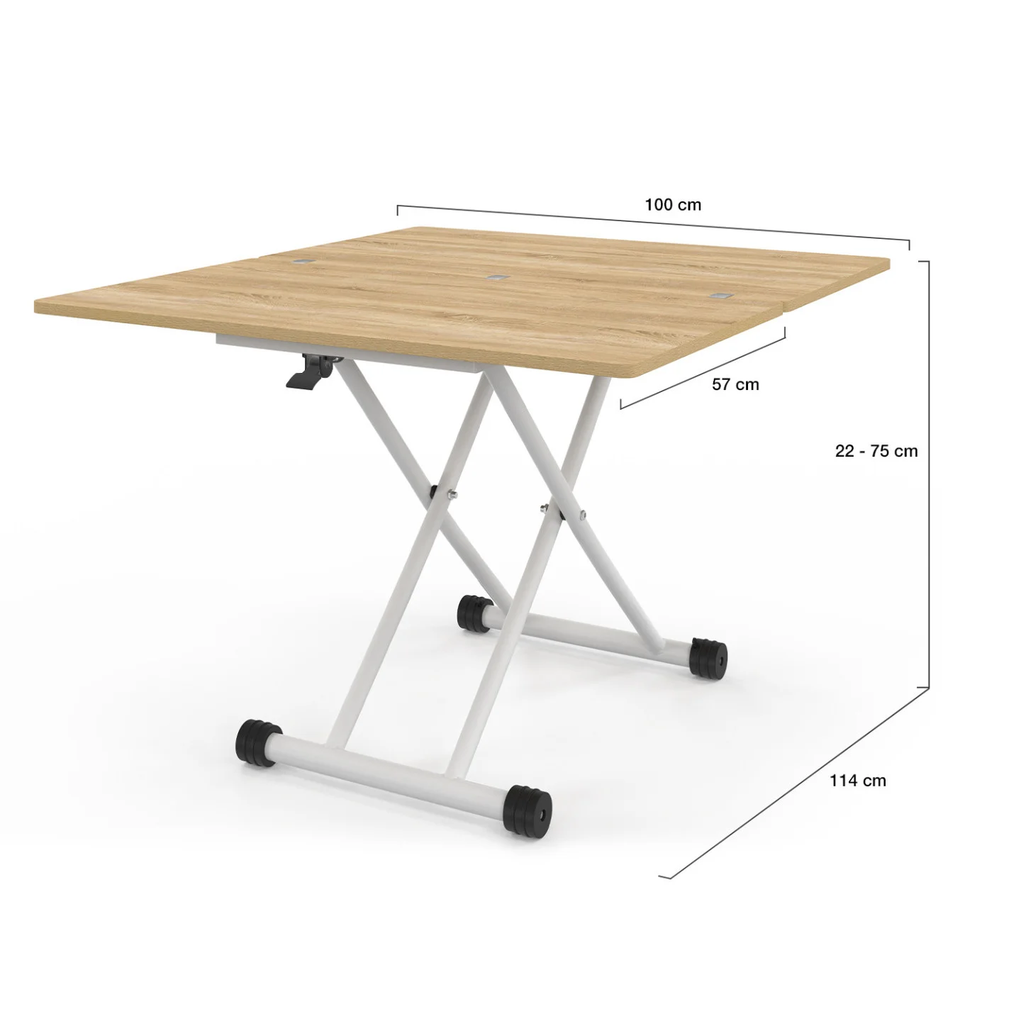 Table basse 2-en-1 relevable en table à manger 6-8 personnes plateau portefeuille URBANA plateau façon hêtre pied blanc