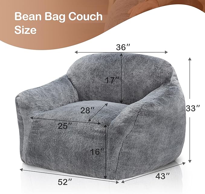 Homguava Giant Bean Bag Chair,Bean Bag Sofa Chair with Armrests, Bean Bag Couch Stuffed High-Density Foam, Plush Lazy Sofa Comfy Chair,Large BeanBag Chair for Adults in Livingroom,Bedroom (Grey)