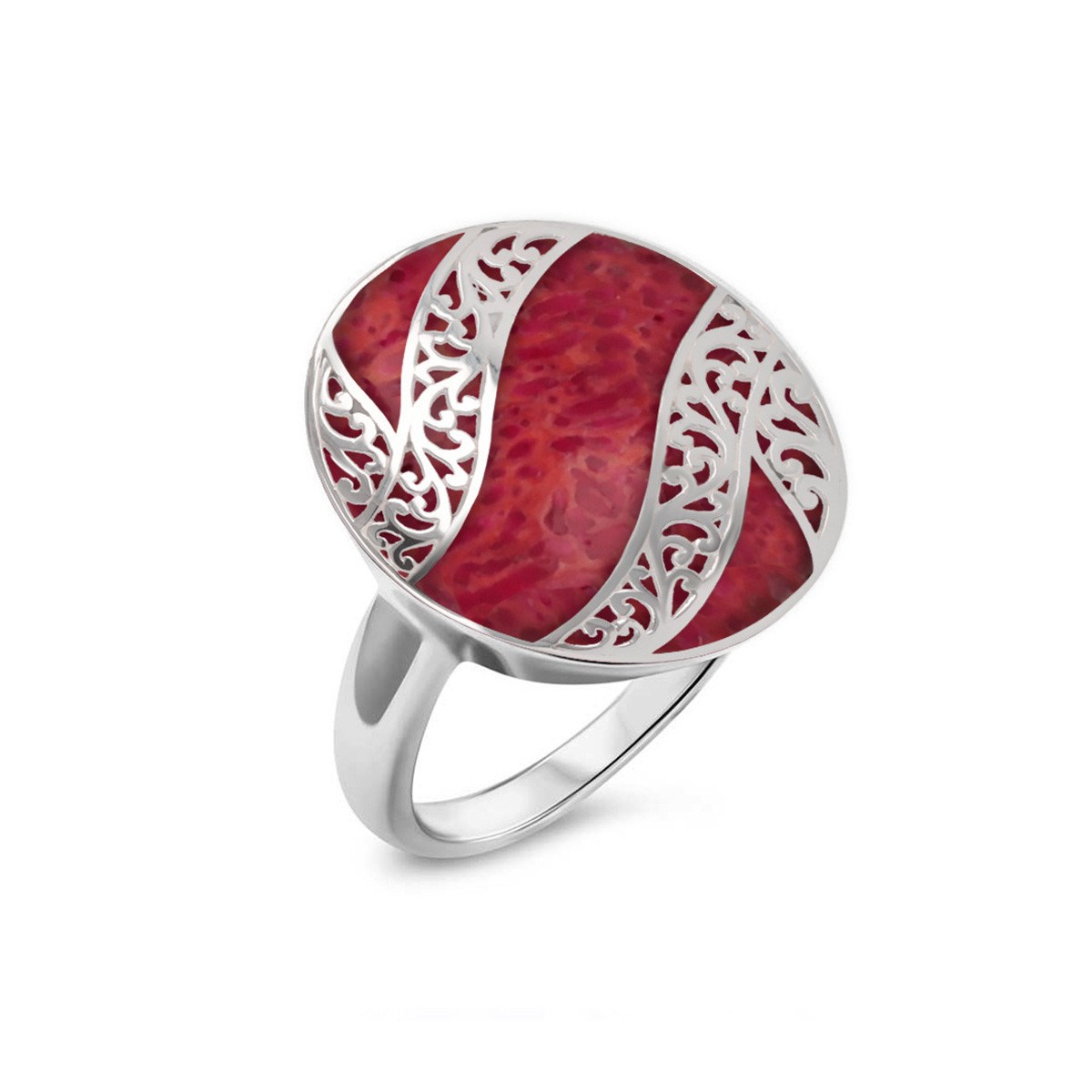 Bague Serti Corail Rouge et Dentelles d'Argent 925 : L'Élégance à votre Doigt | Aden
