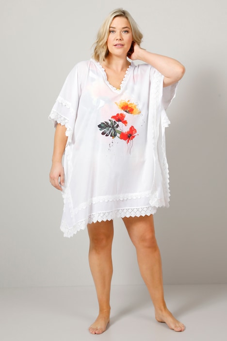 Tunika, oversized, Blüte, V-Ausschnitt, Spitzenkanten