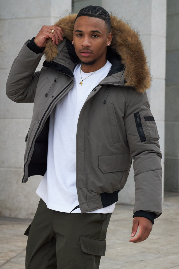 Parka bi-matière olive à capuche en fourrure