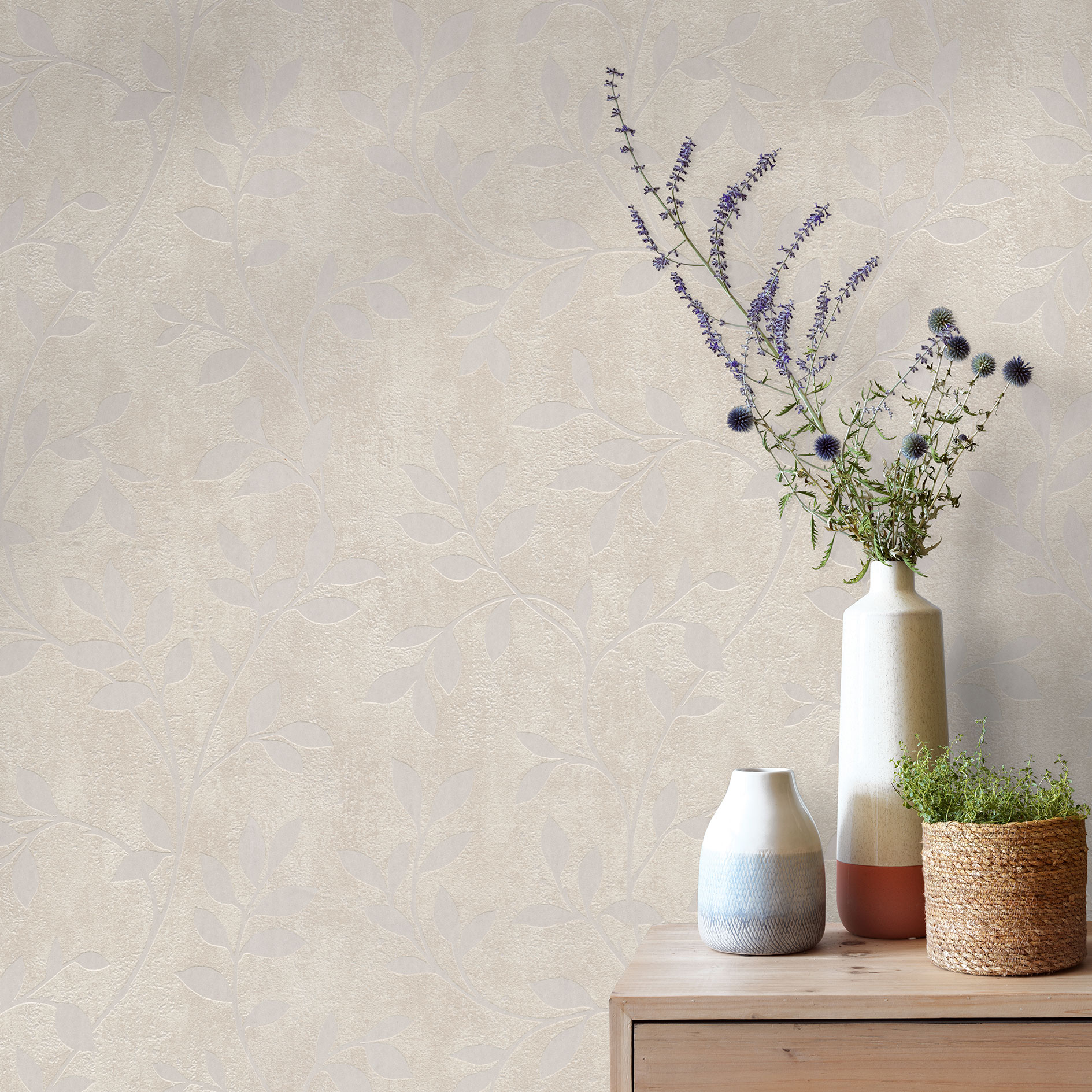 Vliestapete - beige - Blätter Motiv - 10 Meter