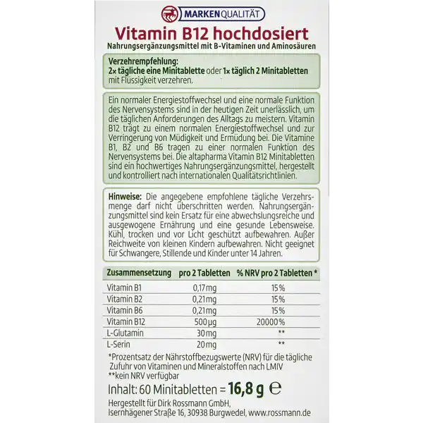 Vitamin B12 hochdosiert 60 Minitabletten