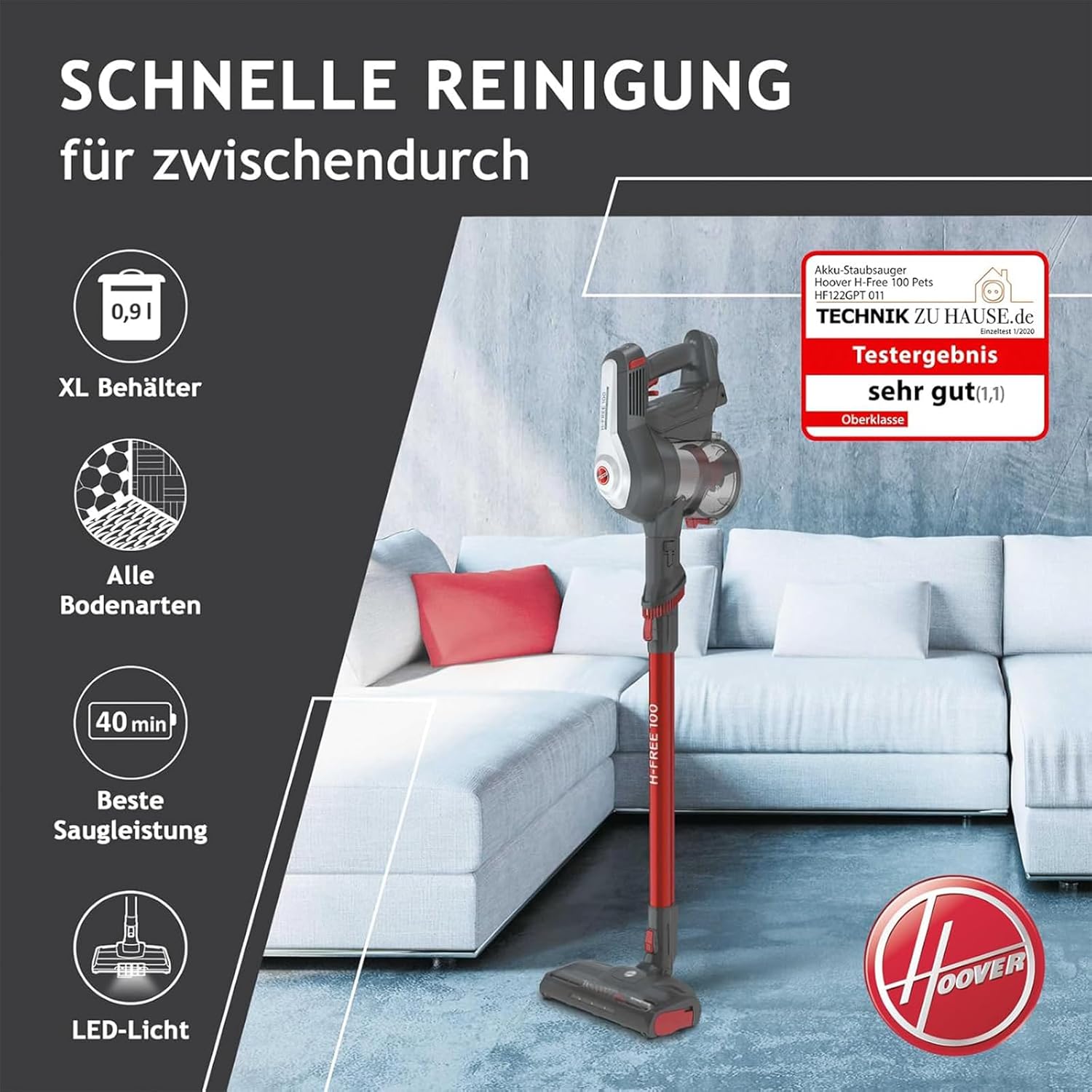 Hoover Akku Staubsauger H-Free 100 für Tierhaare, 40min Laufzeit, Turbo Boost & LED-Bürste, 0,9L XL Staubbehälter, Leichter Staubsauger kabellos