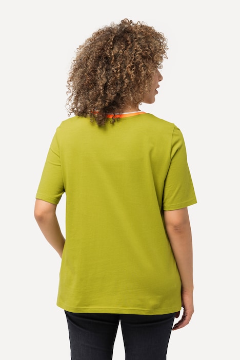 T-Shirt, Streifenbündchen, V-Ausschnitt, Halbarm