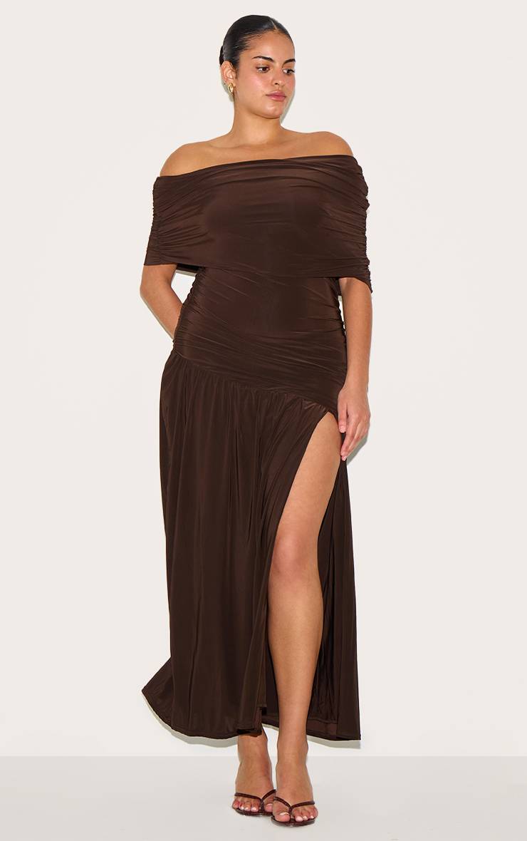 Chocolat Robe Longue Grande Taille À Double Couche Slinky Bardot Froncée