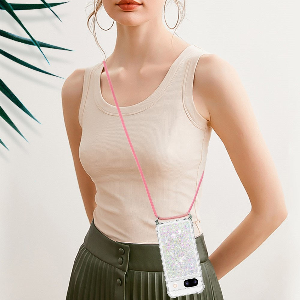 Google Pixel 8a Necklace Gummi Hülle Liquid Glitzer   Handykette (130cm) - Rosa / Silber