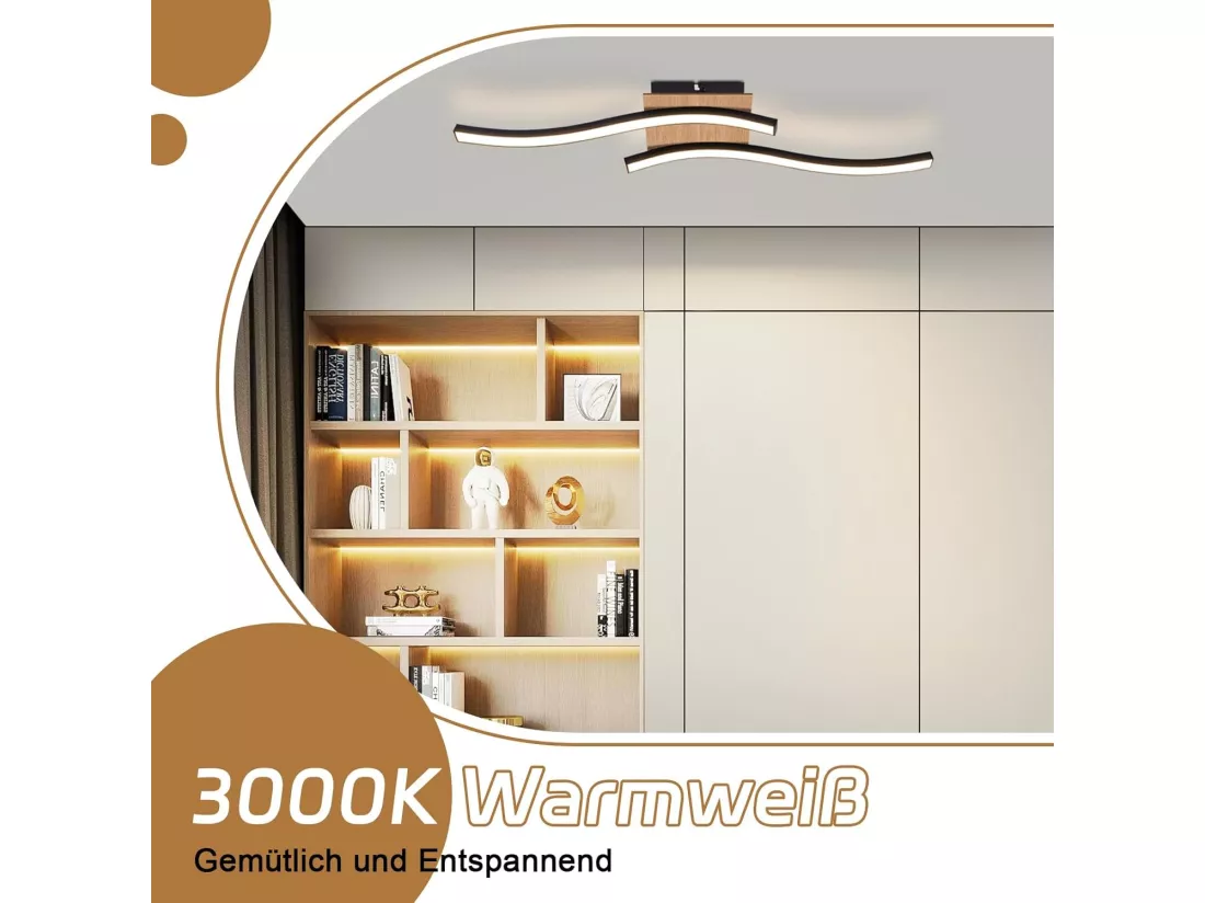 NETTLIFE plafonnier LED 12W bois 3000K blanc chaud design moderne métal noir