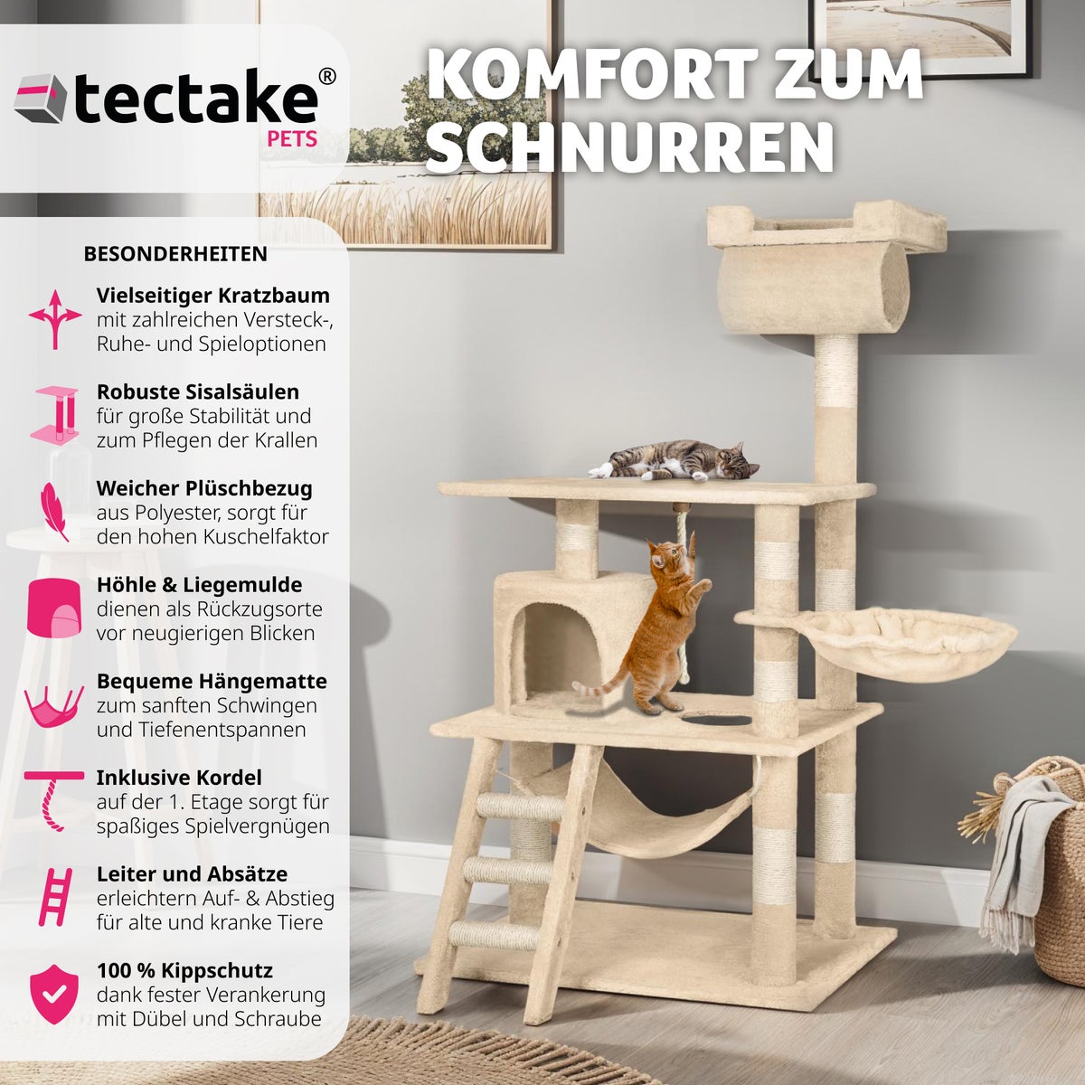 tectake Stokeley 141 cm krabpaal inclusief speeltouw en anti-kantelvoorziening