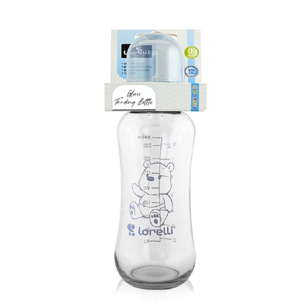 Lorelli Baby Glasflasche 240 ml Fassungsvermögen Silikonsauger Deckel ab Geburt dunkelblau