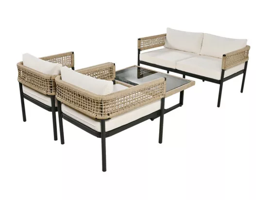 Salon de jardin modulable en Acier galvanisé et décoré de corde - 4 places - 1 canapé、2 fauteuils et 1 table basse - Beige