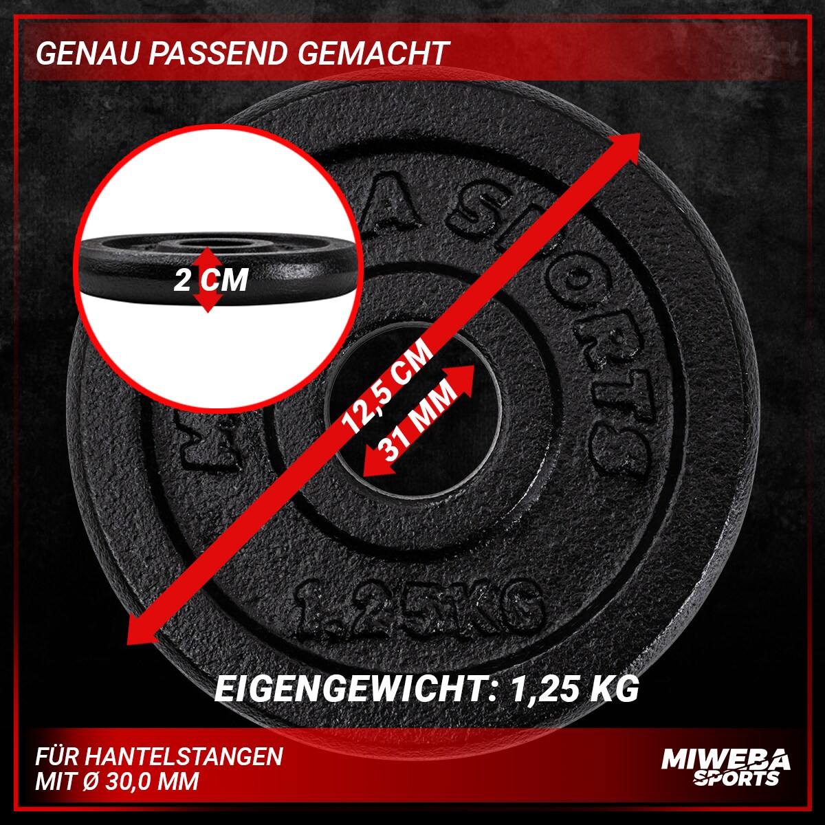 Miweba Sports Hantelscheiben HSG12, 4x 1,25 kg Hantel-Gewichte, passend für Ø 30mm, Set, Gusseisen