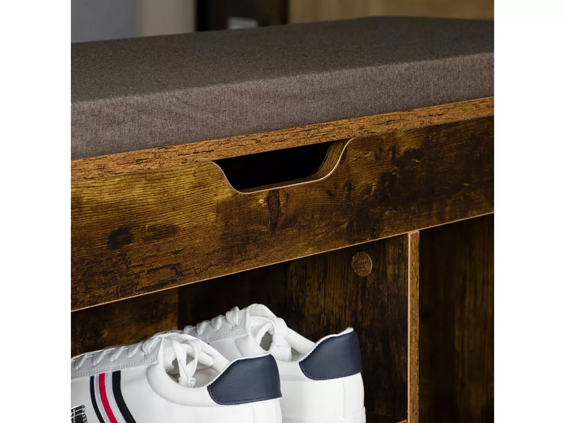Banc de rangement à chaussures BAIA avec coffre, Assise rembourrée, 104x48x30 cm, 8 à 10 paires de chaussures, Couleur old style