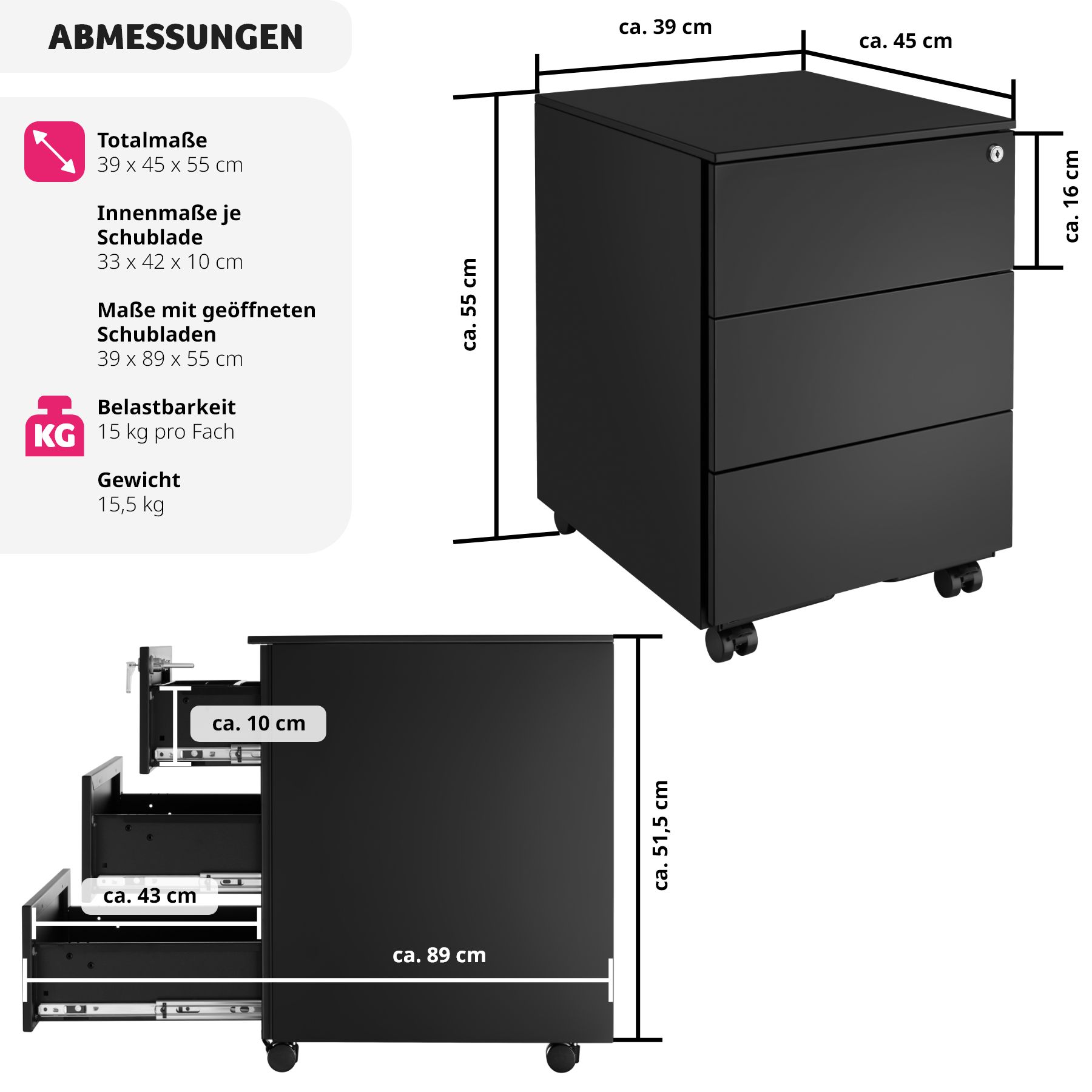 tectake® Aktenrollschrank, aus pulverbeschichtetem Stahl, herausnehmbarer Einsatz für Büroutensilien, 39 x 45 x 55 cm
