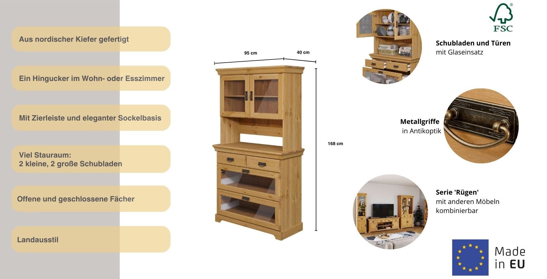 Home affaire Buffet »Rügen« zertifiziertes Massivholz, Höhe 168 cm, im Landhausstil