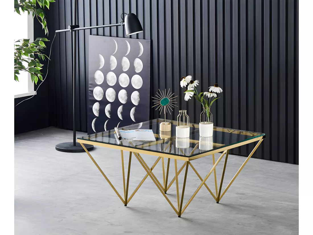 Table basse carré gize gold verre transparent 80x80 cm