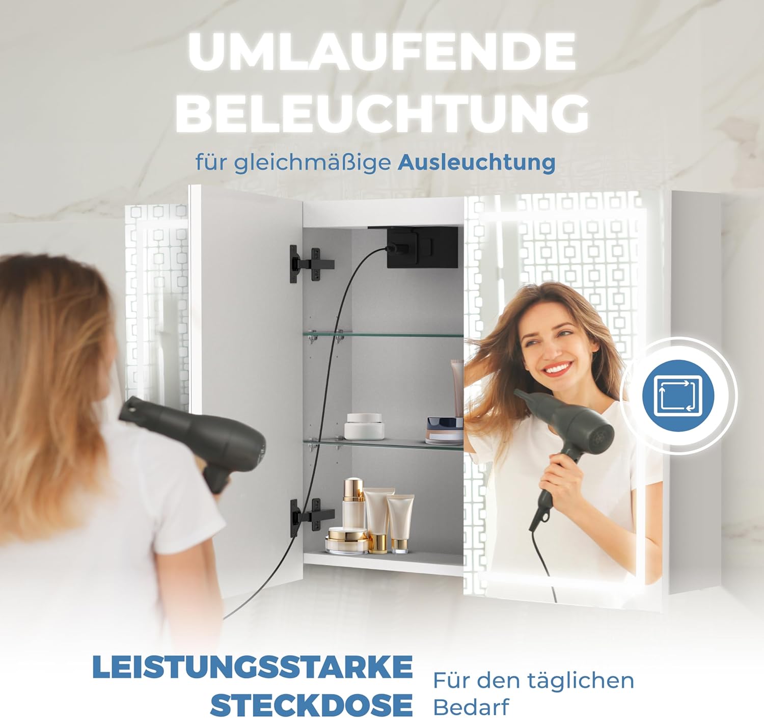 Premium Spiegelschrank-Bad-mit-Beleuchtung 120cm. Einfache Montage, in der EU gefertigt, gleichmäßige helle LED-Beleuchtung, Scharniere schwarz, Steckdose, Unterputz Montage möglich.