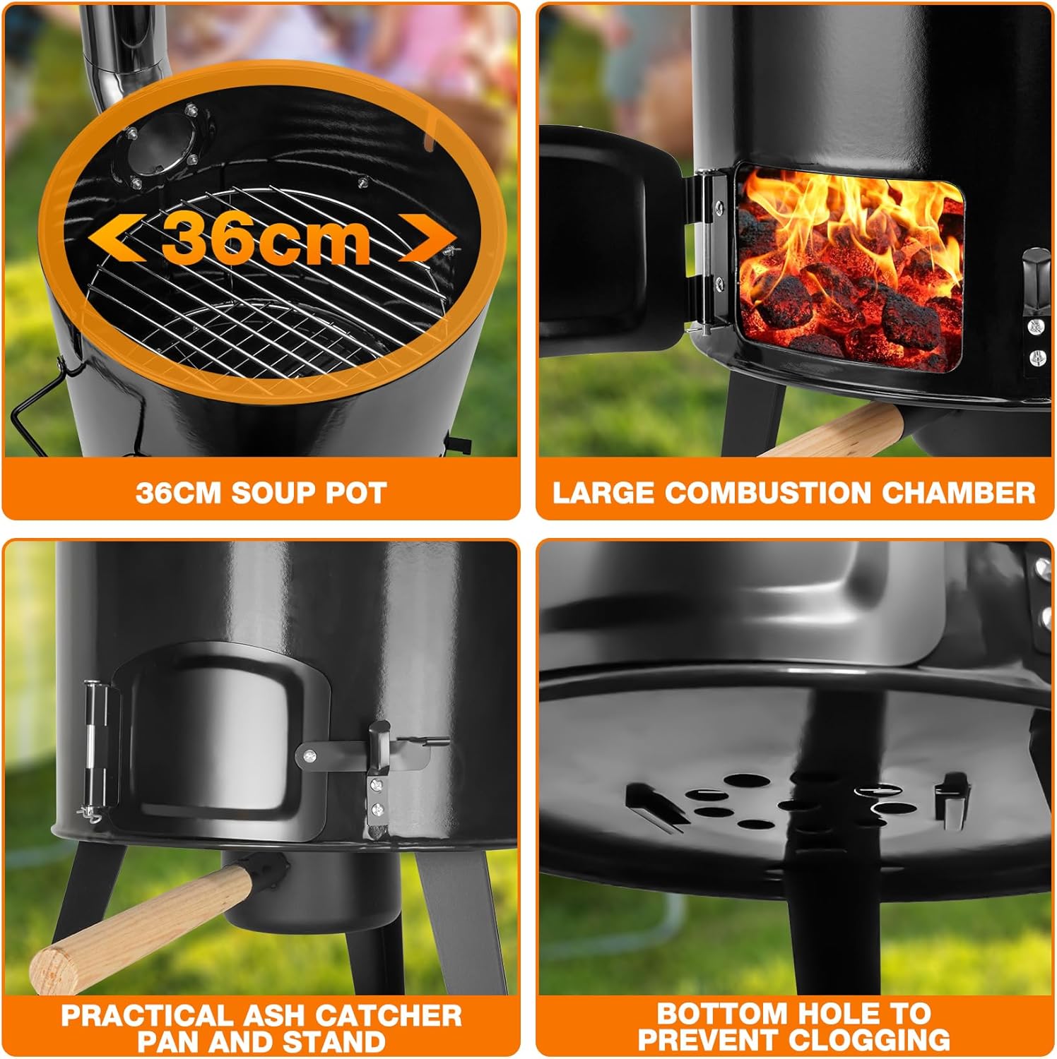 onlyfire Emailliert Gulaschkanone, Kesselgulasch mit Hähnchenbräter, Grillrost, Gulaschkessel mit Suppenkelle, Deckel, Thermometer, 14L Eintopfofen mit Grillfunktion Ofen Grill Kugelgrill für Outdoor