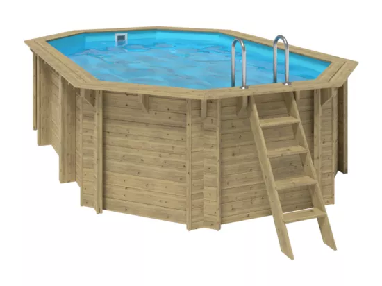 WATERCLIP - Piscine bois FSC octogonale 541 x 350 cm - 12m2 - Autoclave IV - Liner 70/100 - Rainurée languette + Filtration 8m3/h + Echelle - EMEO