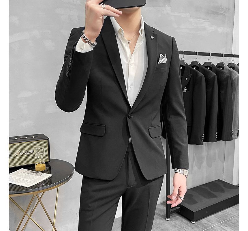 Deepwood - Set: Effen blazer met één knoop + Hoge taille rechte broek