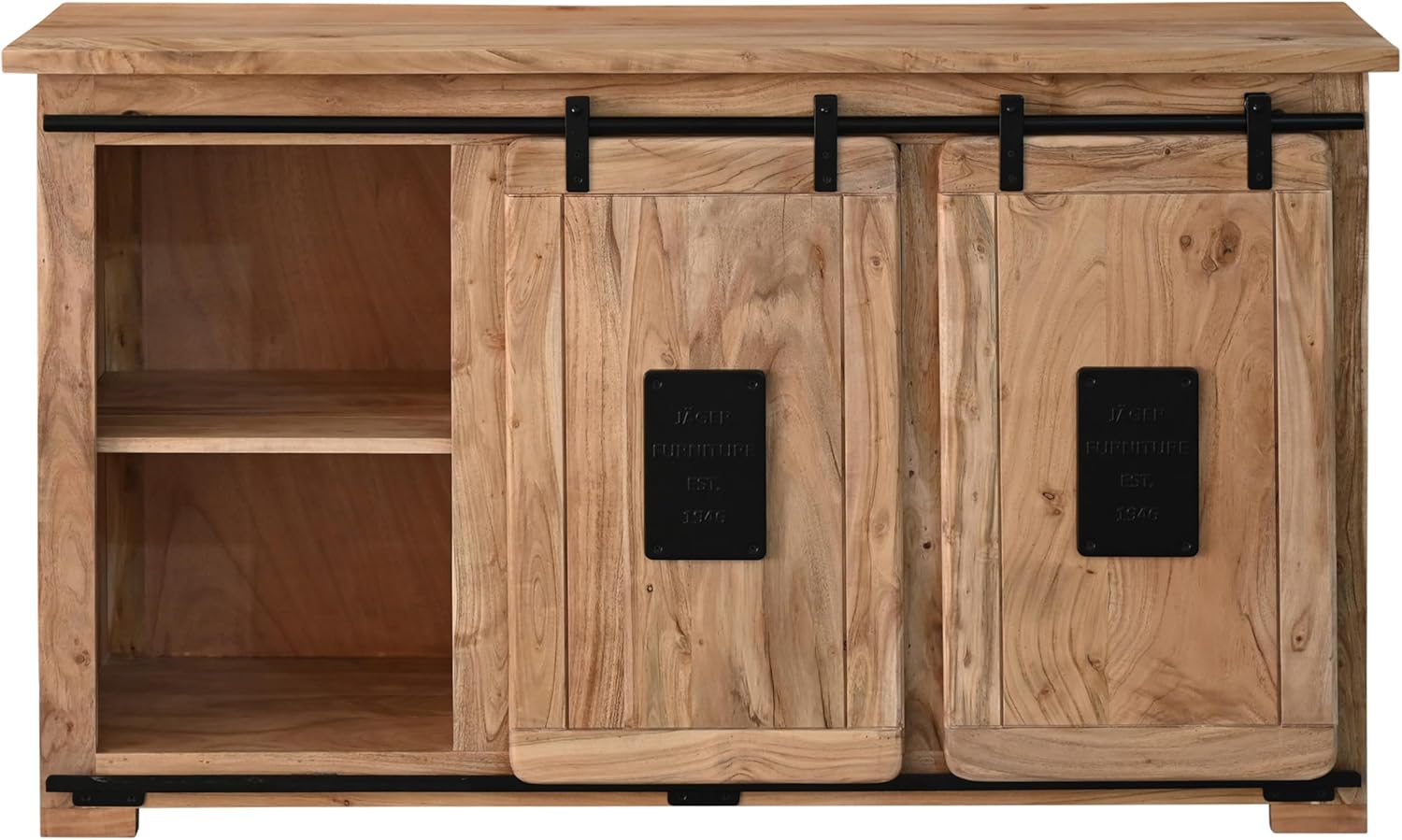 SAM Wein-Sideboard Libro, Akazienholz massiv + naturfarben, Weinschrank mit 2 Holzschiebetüren, 3 Schubladen, 3 offenen Fächern & 16 Flaschenfächern, Griffe & Reling aus Eisen, 145 x 45 x 85 cm