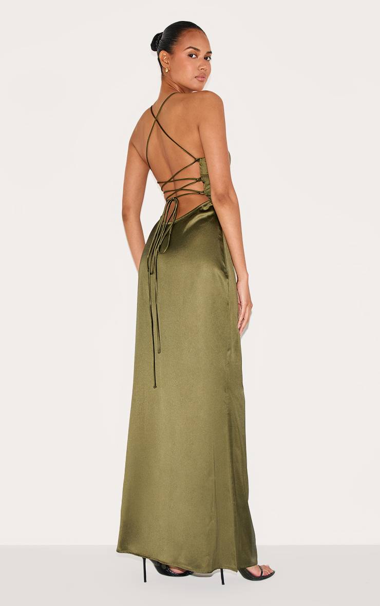 Vert Olive Robe Longue En Satin Avec Nœud Au Dos