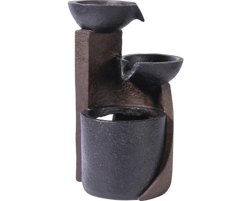 Design binnenfontein met 3 kommen, 14,2x14,2x22 cm, kunststeen, bruin, inclusief slang en pomp.